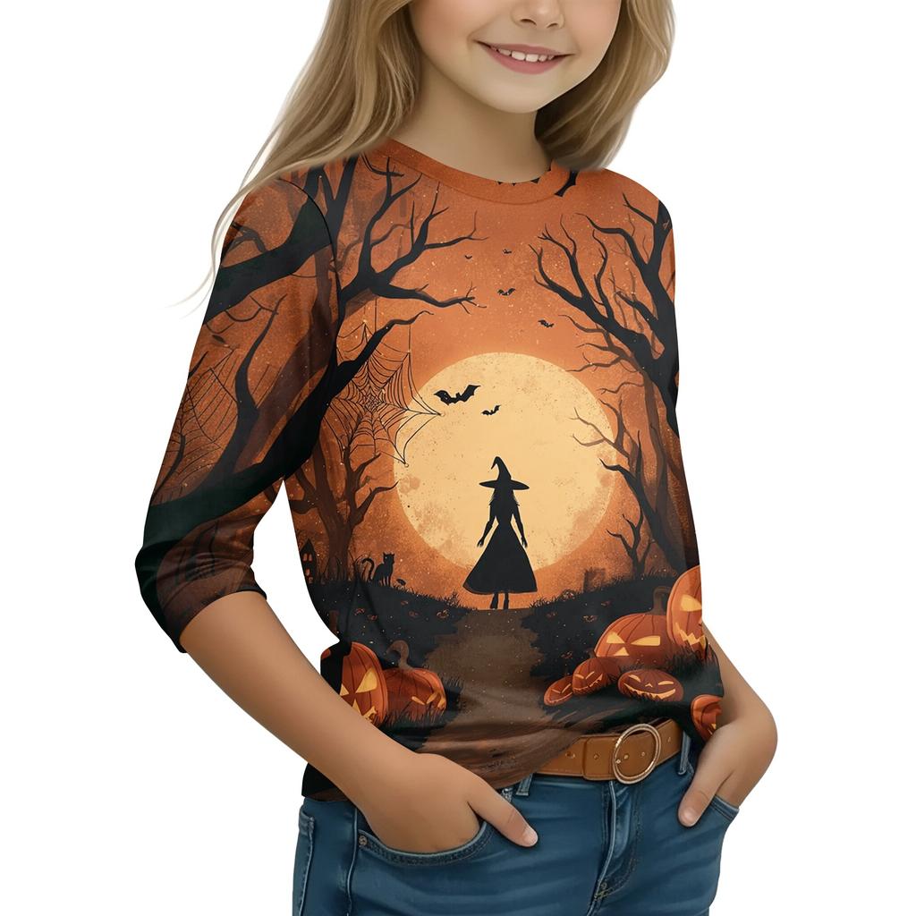 Kids Halloween Printed T-Shirt with Pumpkin Witch Design, 7/8 Sleeve Round Neck Top for Daily Wear