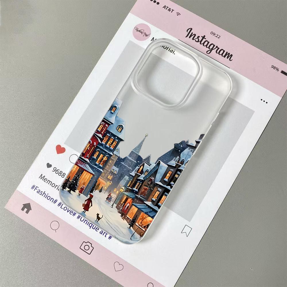 

Cozy Snowy Town Phone Case for iPhone Series 17-11/X/XS Transparent Soft Case Anti-Scratch Night Scene Art Back Cover iPhone X білий