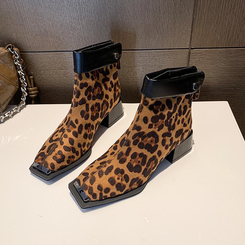 Fashion Women's Fashion Thick Heel Cotton Boots Winter New Square Head Suede Back Zipper Splicing Rivet Non-slip Short Boots