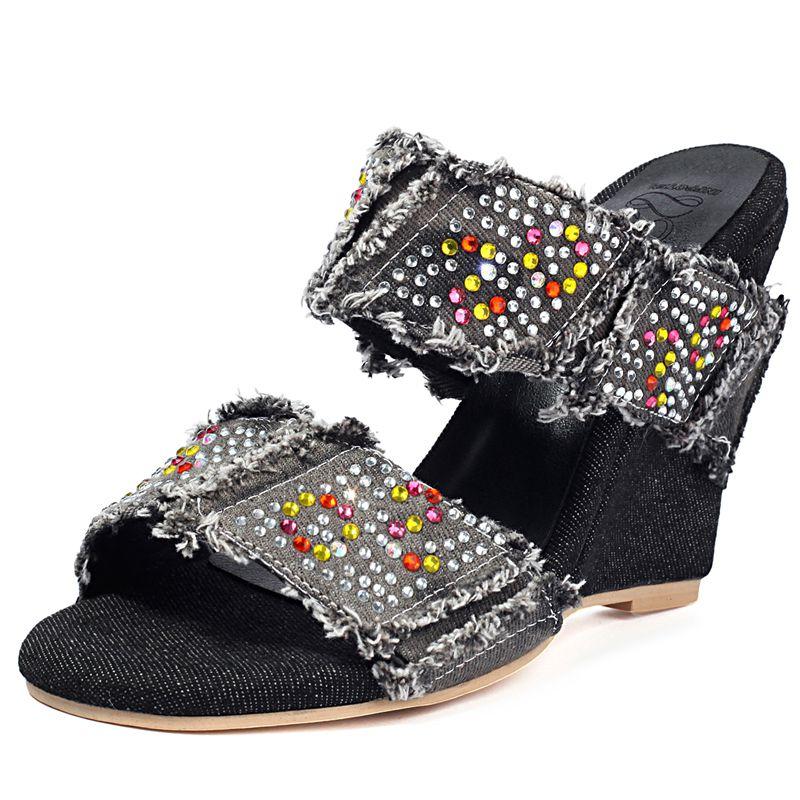 Fashion Design Women Sandals Open Toe Wedges 11cm Slip on Mules Crystal Plus Size 44 45 46 Leisure Daily Female Shoes