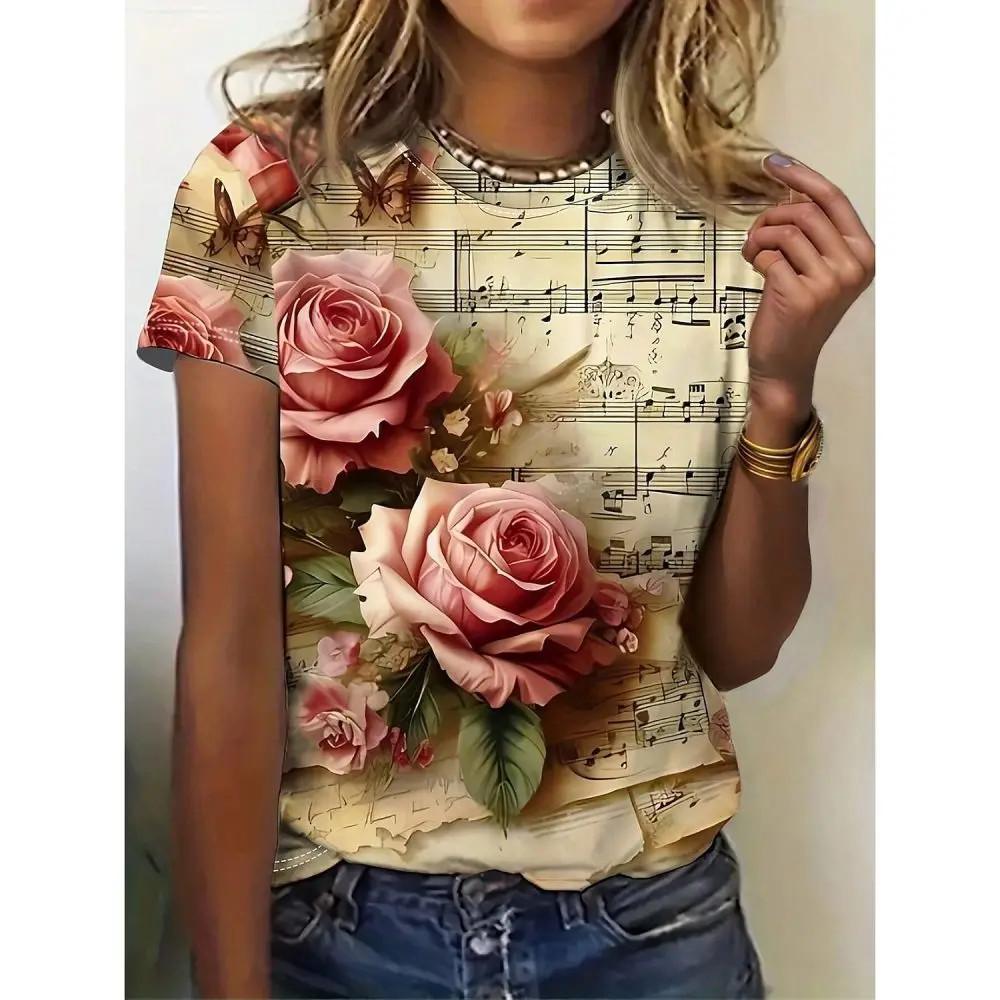 3D Flower Print Graphite Short Sleeve T-Shirt - Summer Casual Wear
