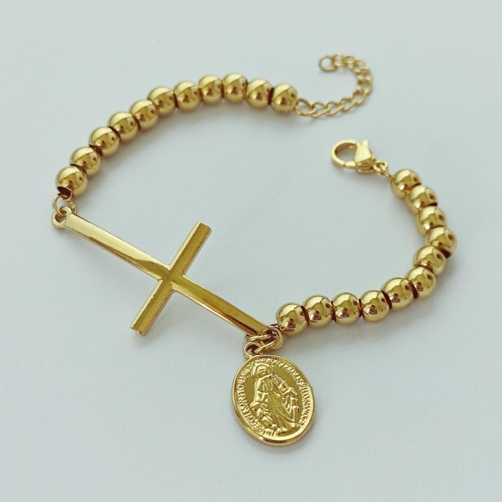Stainless Steel Beaded Cross Bracelet Miraculous Medal Virgin Mary Charm Rosary Bracelets  Religious Jewelry For Women Men gifts