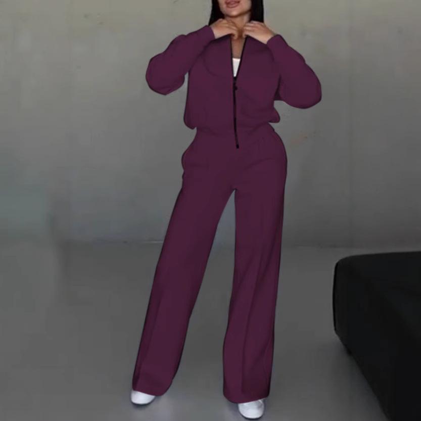 Damen Trainingsanzug 2-teiliges Set Mode Langarm Reißverschlussjacke Lässig Einfarbiges Sweatshirt Gerades Hosenanzug Damen Herbst Sportbekleidung