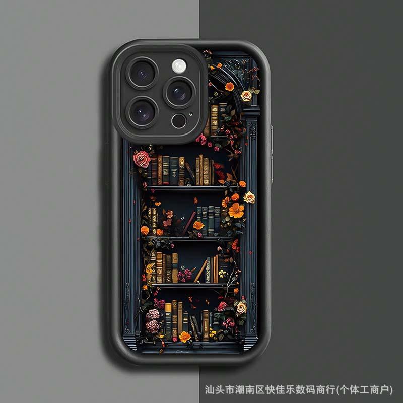 Retro Flower Bookshelf Phone Case For iPhone 16 15 14 13 12 11 Pro Max 7 8 Plus XS X SE 13promax XS Max Soft Shockproof Bumper Phone Back Case Cover