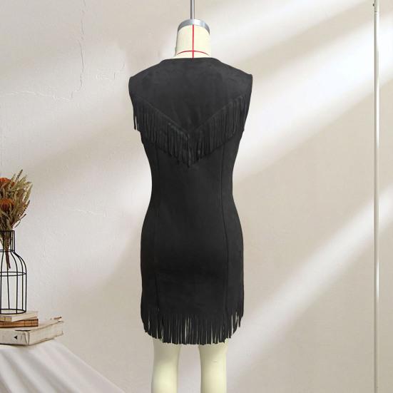 Kadın Sahte Deri Püsküllü Kovboy Elbisesi Boho Yarım Fermuarlı V Yaka A Kesim Askılı Mini Elbise Vintage Püsküllü Kolsuz Mini Elbise