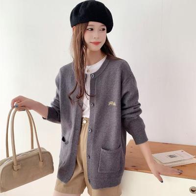Autumn and Winter New Casual Loose Embroidered Crew Neck Cardigan Versatile Soft Waxy Single-breasted Sweater Women's Coat