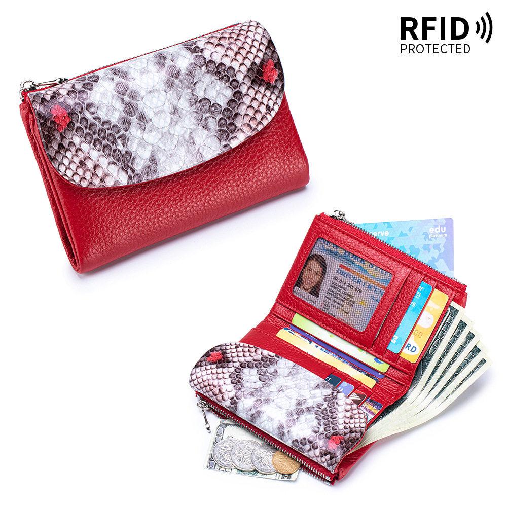 Genuine Leather Women's Trifold Wallet, Large Capacity, RFID-Blocking, Soft Snake Print Texture.