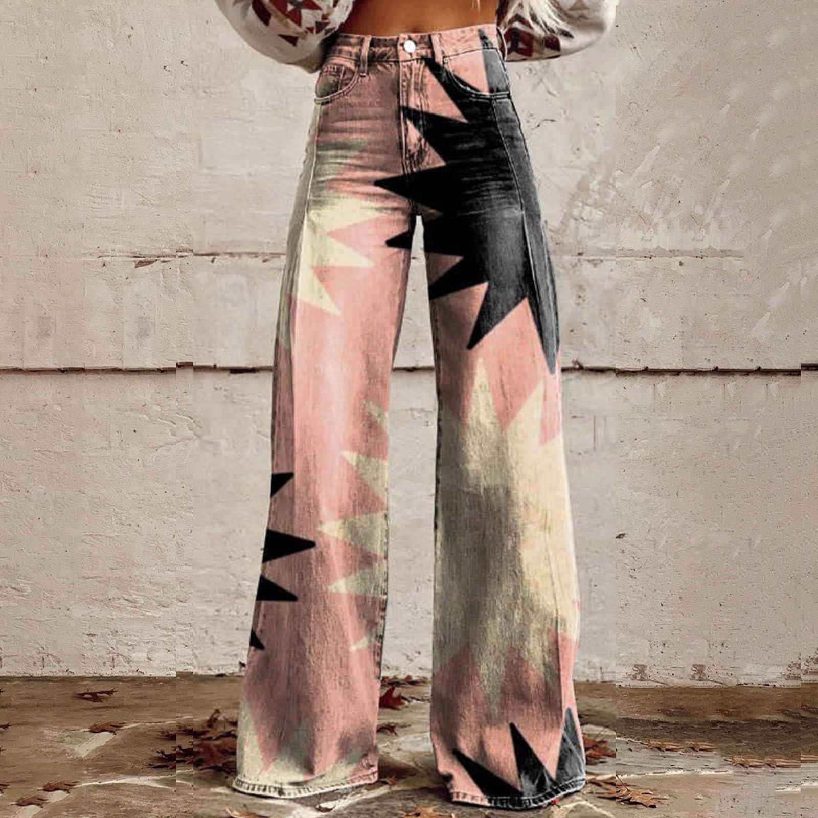 

Широкие расклешенные джинсы для женщин с карманами, мешковатые брюки с винтажным цветочным принтом и высокой талией, свободные брюки S розовый