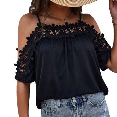 Elegant Lace Cotton Summer Tops Off Shoulder Black Blouse Women Hollow Out Sexy Short Sleeve Loose 2023 Lady Casual Shirt 25715