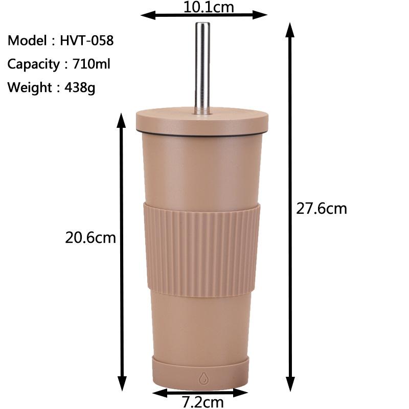710Ml Bubble Tea Cup Non-Slip Double-Layer Stainless Steel Straw Cup Multi-Color Straw Thermal Insulation Water Cup