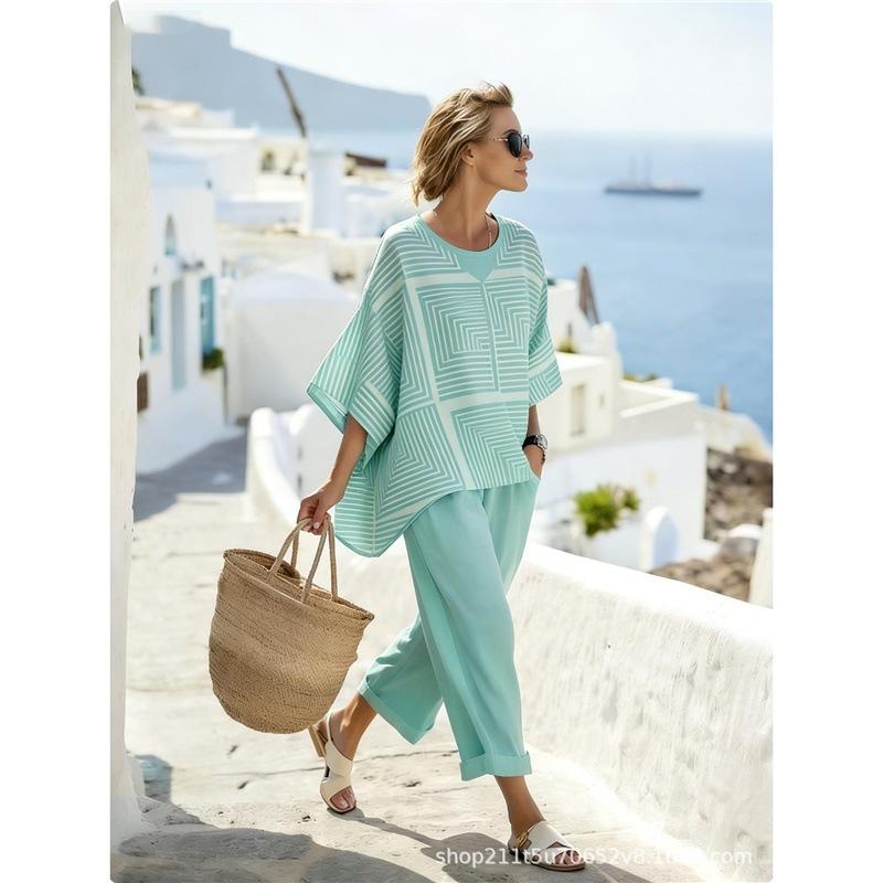 Comfortable seven-quarter sleeve two-piece set Bohemian women's clothing printed casual suit European and American