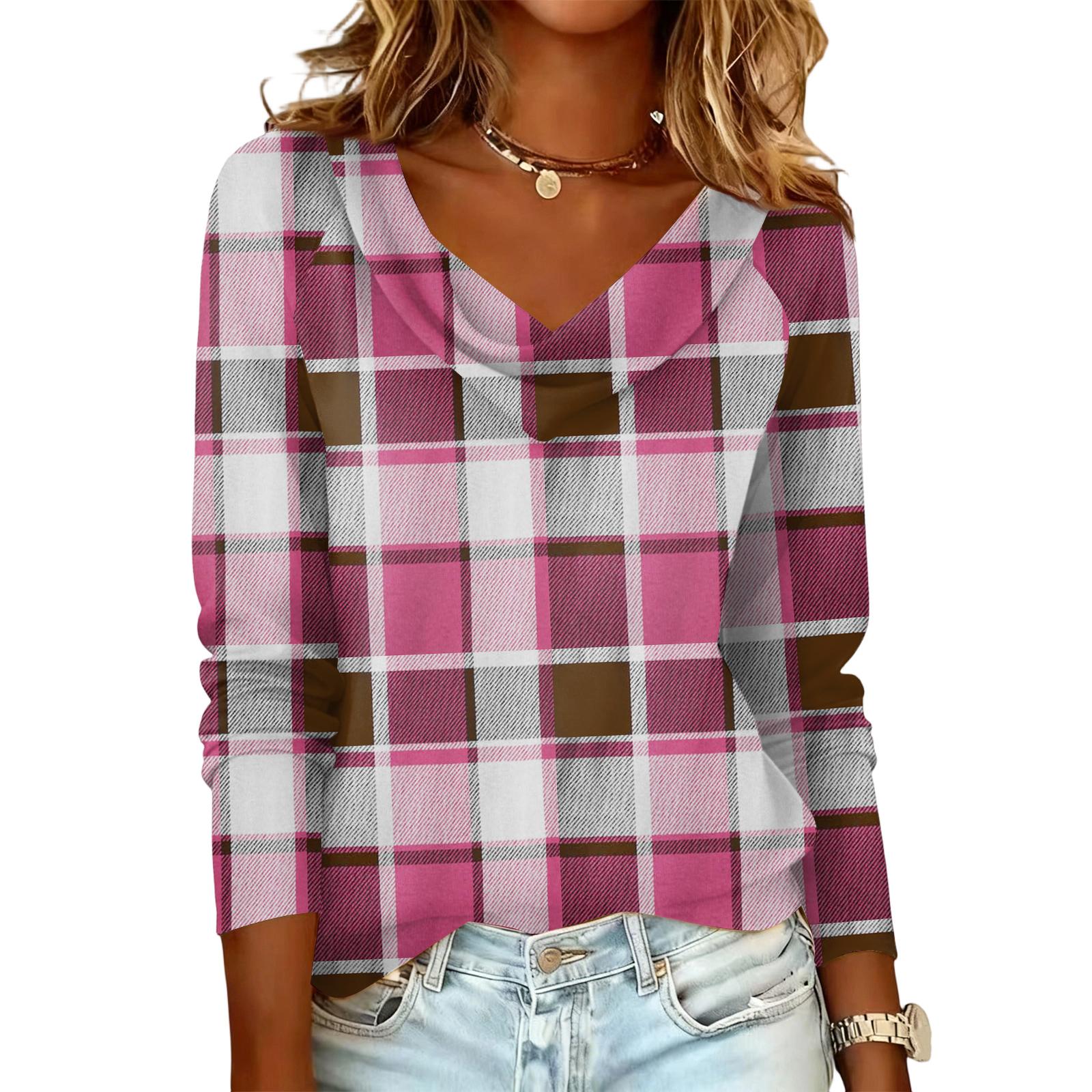 

Ladies plaid printed casual and fashionable long sleeved pullover top M