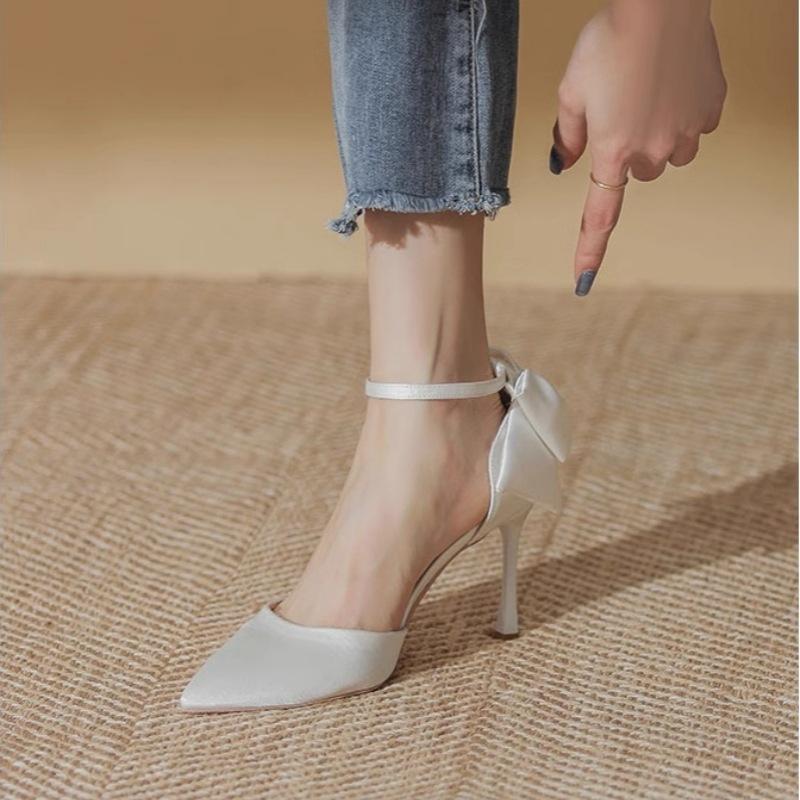 Fashion Women Elegant Nude High Heels Pumps Shallow Mouth Slip on Stiletto High Heel Shoes Woman Sexy Bows Point Toe Party Banquet Shoes