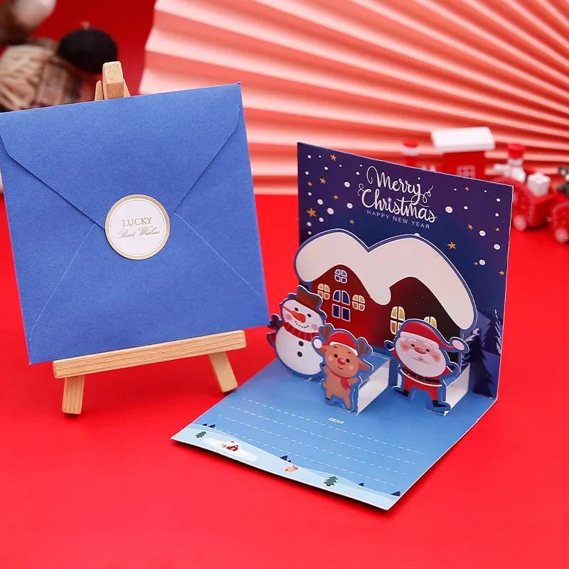 3D Pop Up Cartoon Christmas Card Merry Christmas Greeting Card Handwritten Blessing Invitation Cards Thanksgiving New  Gifts