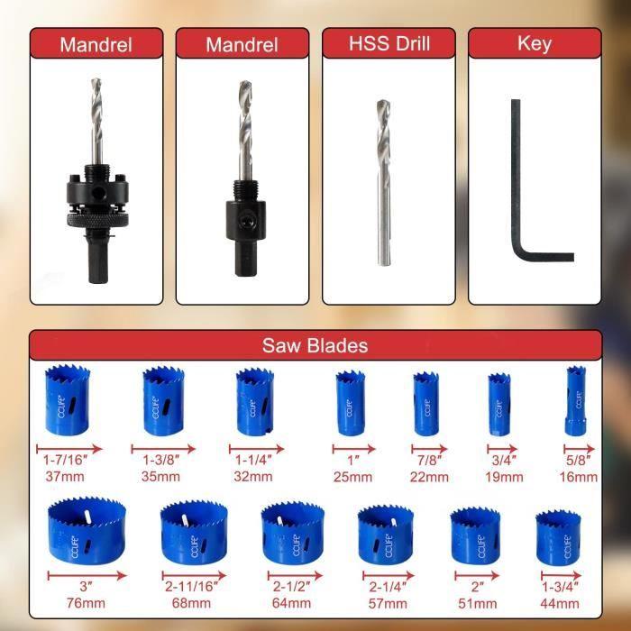 Coffret de scie cloche hss bi-métal - cclife - 18pcs - ø16-76mm - 2 mandrins - 3 forets