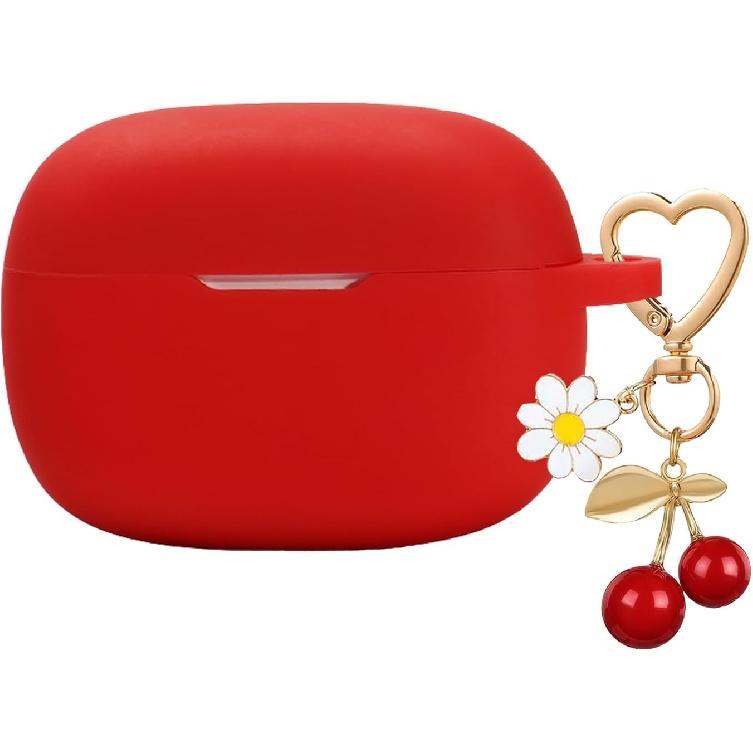 for JBL Vibe Beam 2 / JBL Vibe Beam Case Cover with Cute Cherry Daisy Flower Charm Keychain,Soft Silicone Protective Shock Cover for JBL Vibe 200TWS