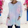 Women Plus Size Round Neck Long Sleeve Black Multicolor Printed Loose Longline T Shirt With Pockets