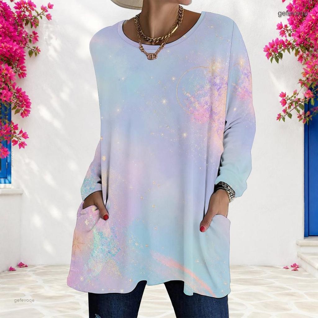 Women Plus Size Round Neck Long Sleeve Black Multicolor Printed Loose Longline T Shirt With Pockets