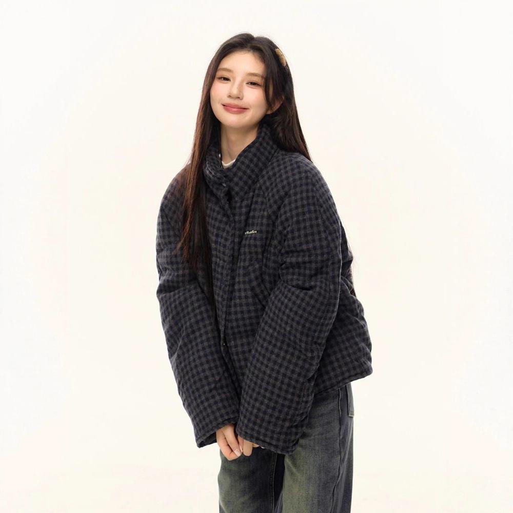 Koreanischer Karierter Kurzer Baumwollmantel für Damen, Locker und Vielseitiger Winter Verdickter Brotmantel und Baumwollgepolsterte Jacke