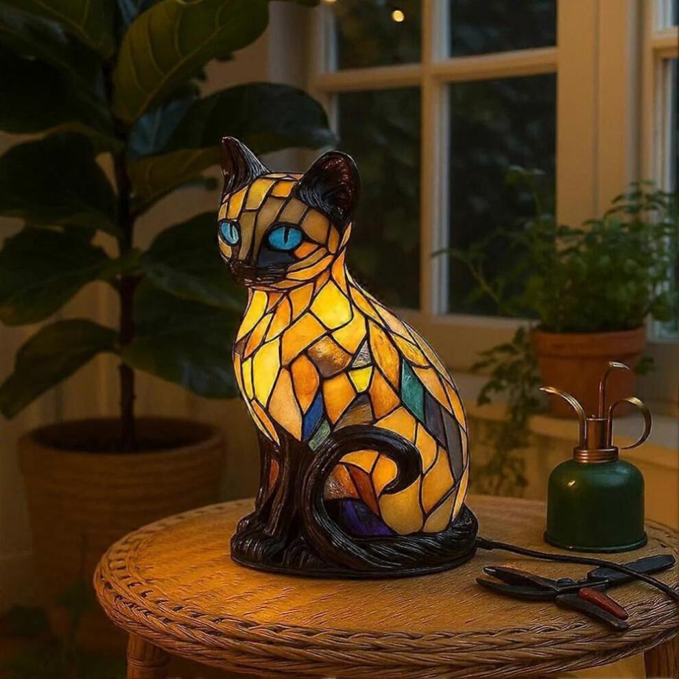 Stained Glass Cat Lamp Cute Cat Resin Night Light LED Bedside Lamp for Bedroom Living Room Decor Home Decoration Gift