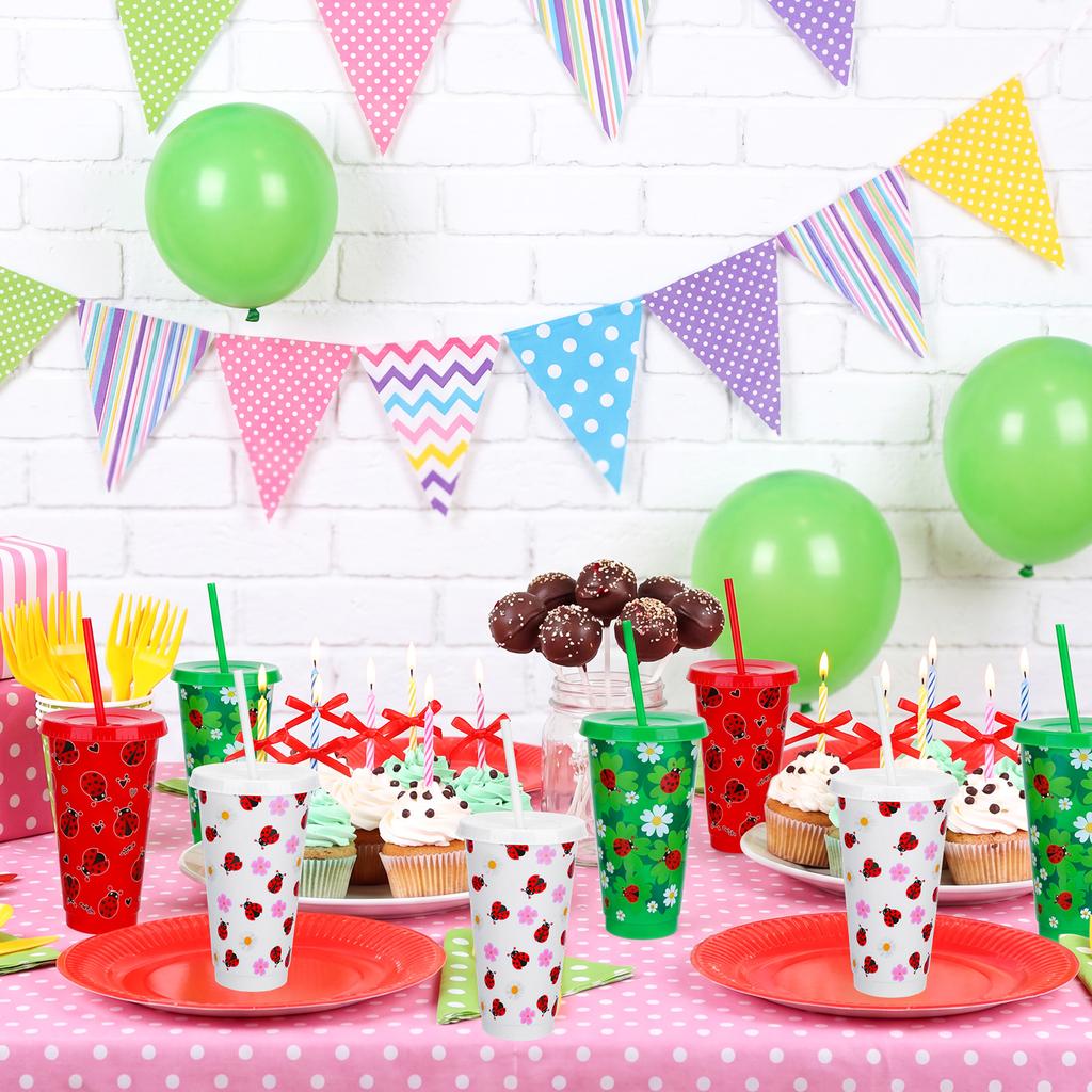 12 Pcs Ladybug Birthday Party Cups 24Oz Plastic Tumblers With Lids And Straws Reusable Iced Coffee Water Bottle Cold Beverage Dr
