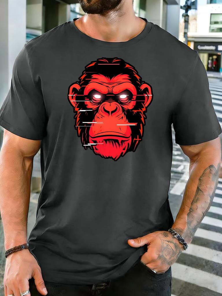 Unisex White Tee Glitch Red Ape Head Street Art Graphic Print Short Sleeve Loose Casual Basic Top For Adult Male Daily Wear Outfit