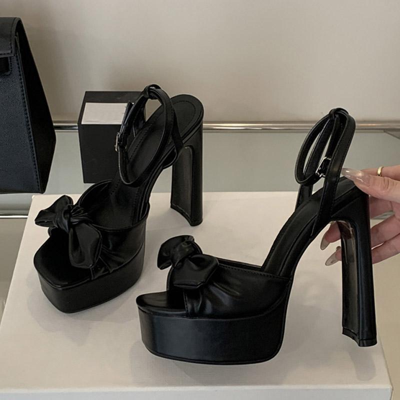

Fashion Liyke Apricot Leather Bowknot Designer Platform High Heels Sexy Sandals Women Square Toe Buckle Strap Chunky Shoes Zapatos Mujer 35 чёрный