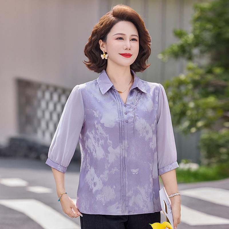 

Summer Mid-Sleeve Collared Top for Middle-Aged and Elderly Women 2XL (110-125 lbs)