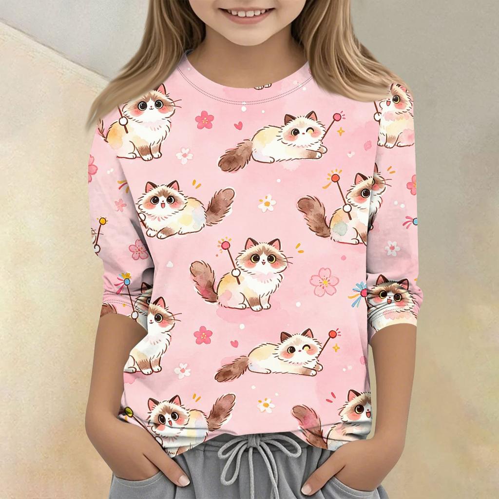 Kids Animal Print Crew Neck Three Quarter Sleeve Casual T-Shirt Soft Fabric Comfortable Fit Suitable for Everyday Wear