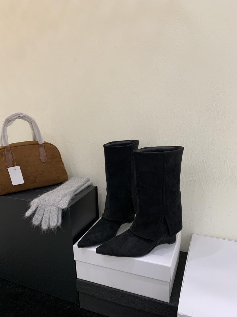 Wedge heel French retro pointed western cowboy boots women's boots autumn new mid-tube pants tube boots