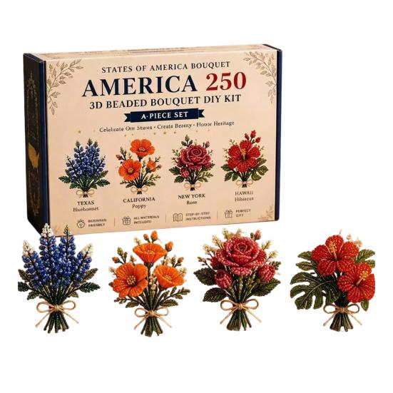 3D Bouquet Beading Kit, America 250th Anniversary Beaded Bouquet DIY Kit, Flower Bouquet Bead Art Set for Adults Beginners B