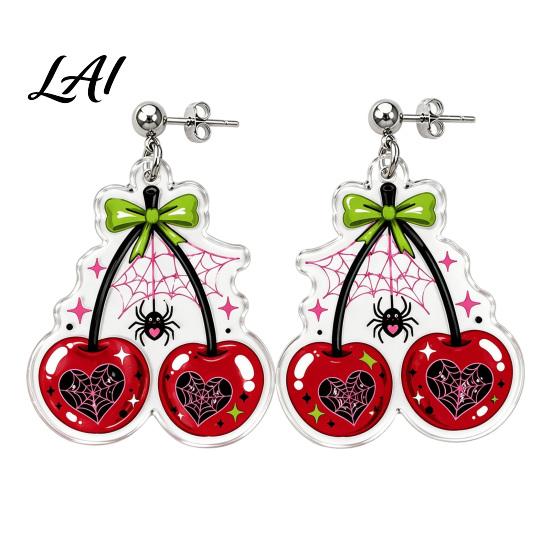 Goth Aesthetic Accessories 1 Pair Acrylic Cherry Earrings for Women 2D Fruit Dangle Drop Versatile Daily with Spider Web And Bow Punk Jewelry
