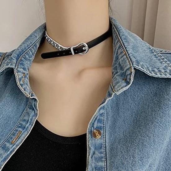 2way Choker Ladies Leather Alloy Black Necklace Collar Human Slim Sexy Accessory Punk Style Harajuku Underground Stylish Fashion Cosplay Goth Women