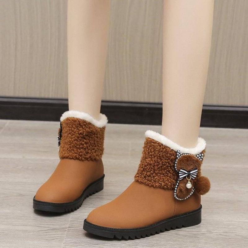 

Snow boots women s 2024 new leather waterproof cotton shoes winter women s shoes velvet thickened bow short boots children 40 помаранчевий