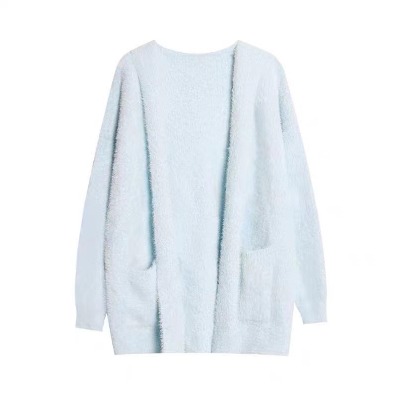 Milk fufu hooded imitation mink fleece sweater jacket women's autumn and winter medium and long loose lazy wind knitted cardigan women