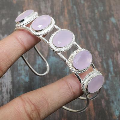 Pink Chalcedony Gemstone Handmade 925 Sterling Silver Cuff Jewelry Bangle Adjustable All Size
