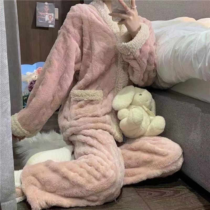 Dámská pyžamová souprava z korálového fleecu - Podzimní/Zimní flanelový kardiganový styl