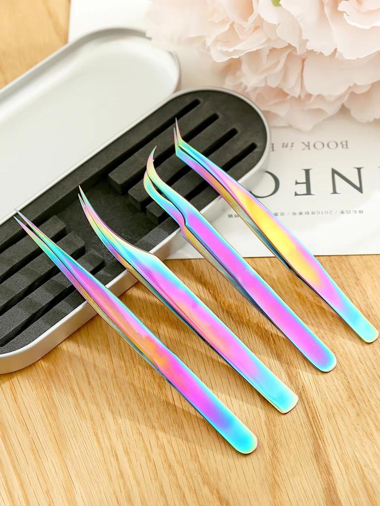 1PC Rainbow Eyelashes Tweezers Anti-static Eyelash Extension Tweezer Fan Lash Eyebrow Tweezers Curved Straight Excellent Closure