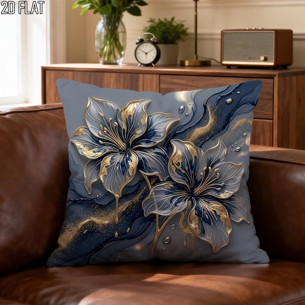 Luxury Blue Gold Lily Floral Print Throw Pillow Cover, Marble Fluid Art Style Decorative Cushion For Living Room Bedroom Sofa