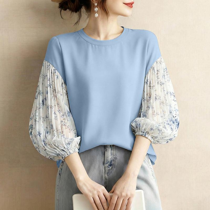 ZANZEA Women Elegant Floral Splice 3/4 Sleeve Loose Casual Crew Neck Blouse