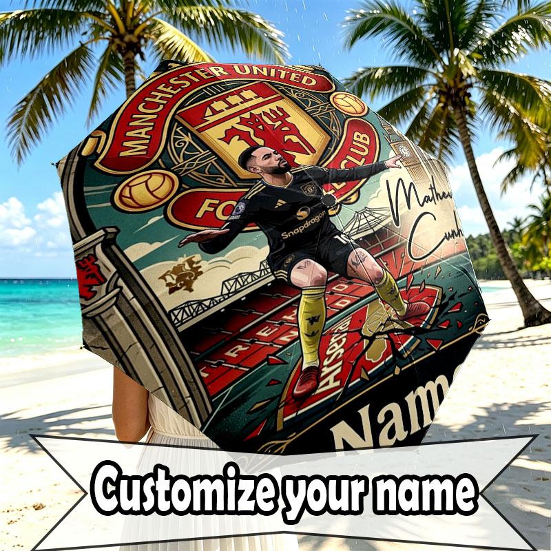 Custom Name Personalized Manchester United Print Umbrella, Auto Open Close, 8‑Rib Sturdy Frame, Commute Camping Hiking Use, Birthday Gift
