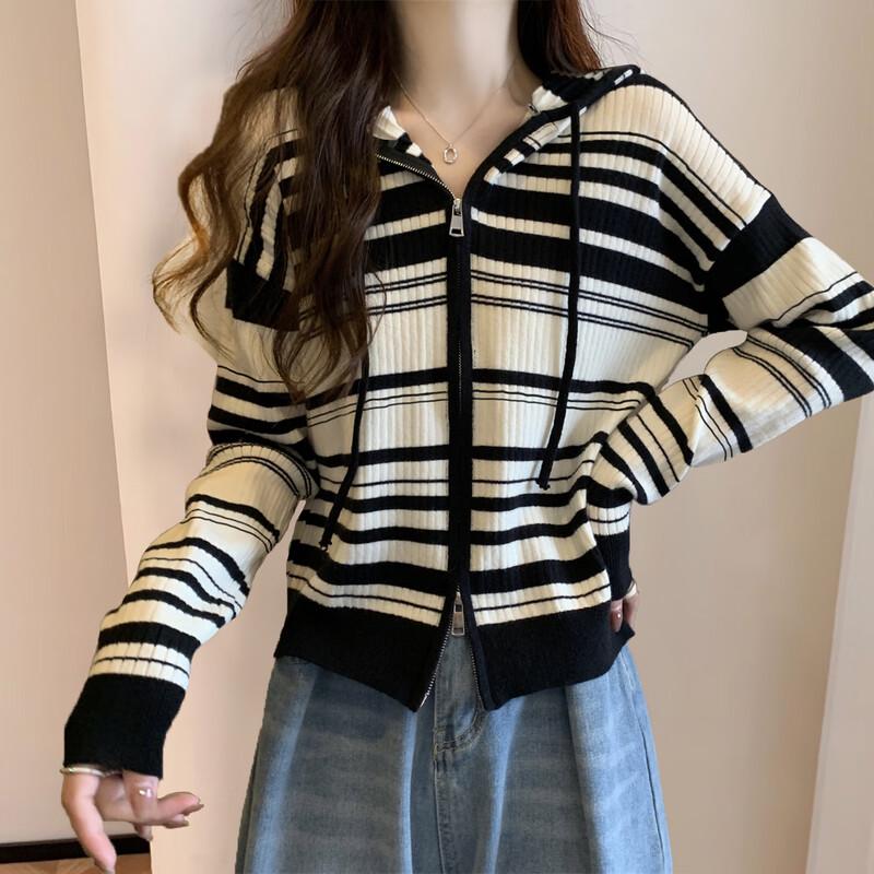 TonLion Youthful Striped Hooded Knit Cardigan