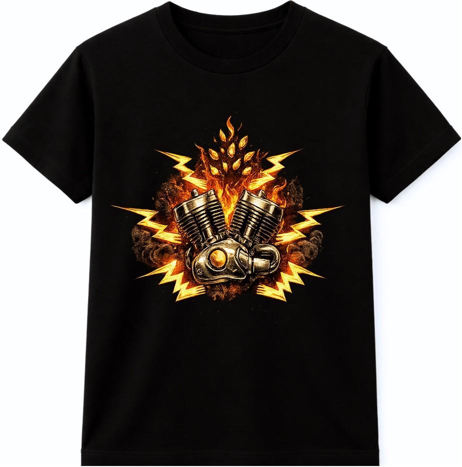 Motorcycle Engine T Shirt Flaming V Twin Biker Vintage Motor Graphic Tee XL