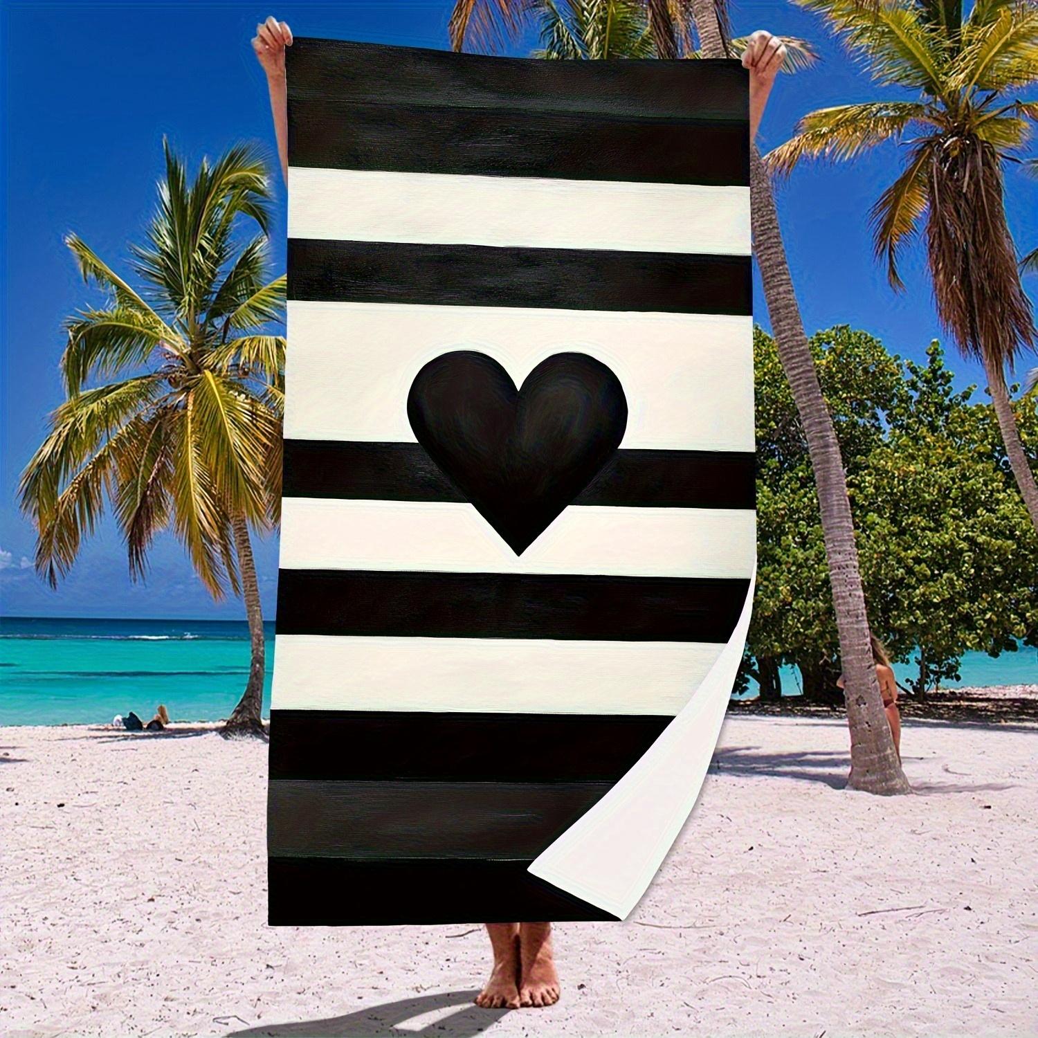 

Black White Striped Black Heart Beach Towel, Quick-Drying Lightweight for Surfing Swimming Yoga Sand-Free W30*H60(CM)