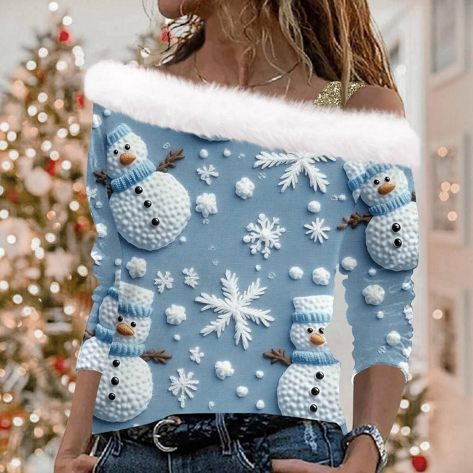 

Женский рождественский принт «Снежинка» с длинными рукавами из твила и воротником-пуловером XXL синий