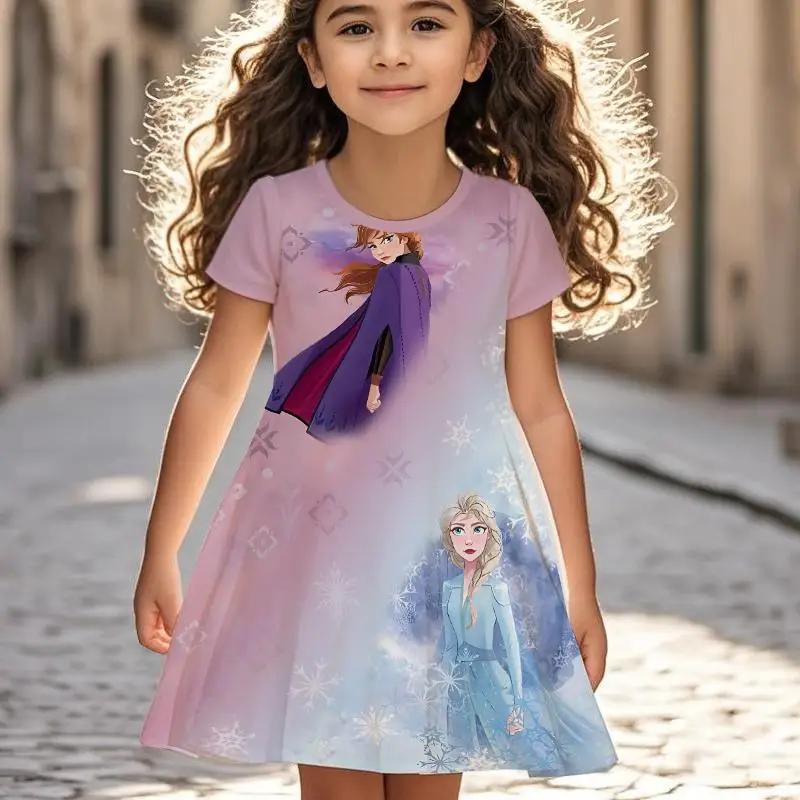 Disney Frozen Princess Elsa Girls Summer Dress Anime Kids Dresses Clothes Skirt Fashion Casual Outfit