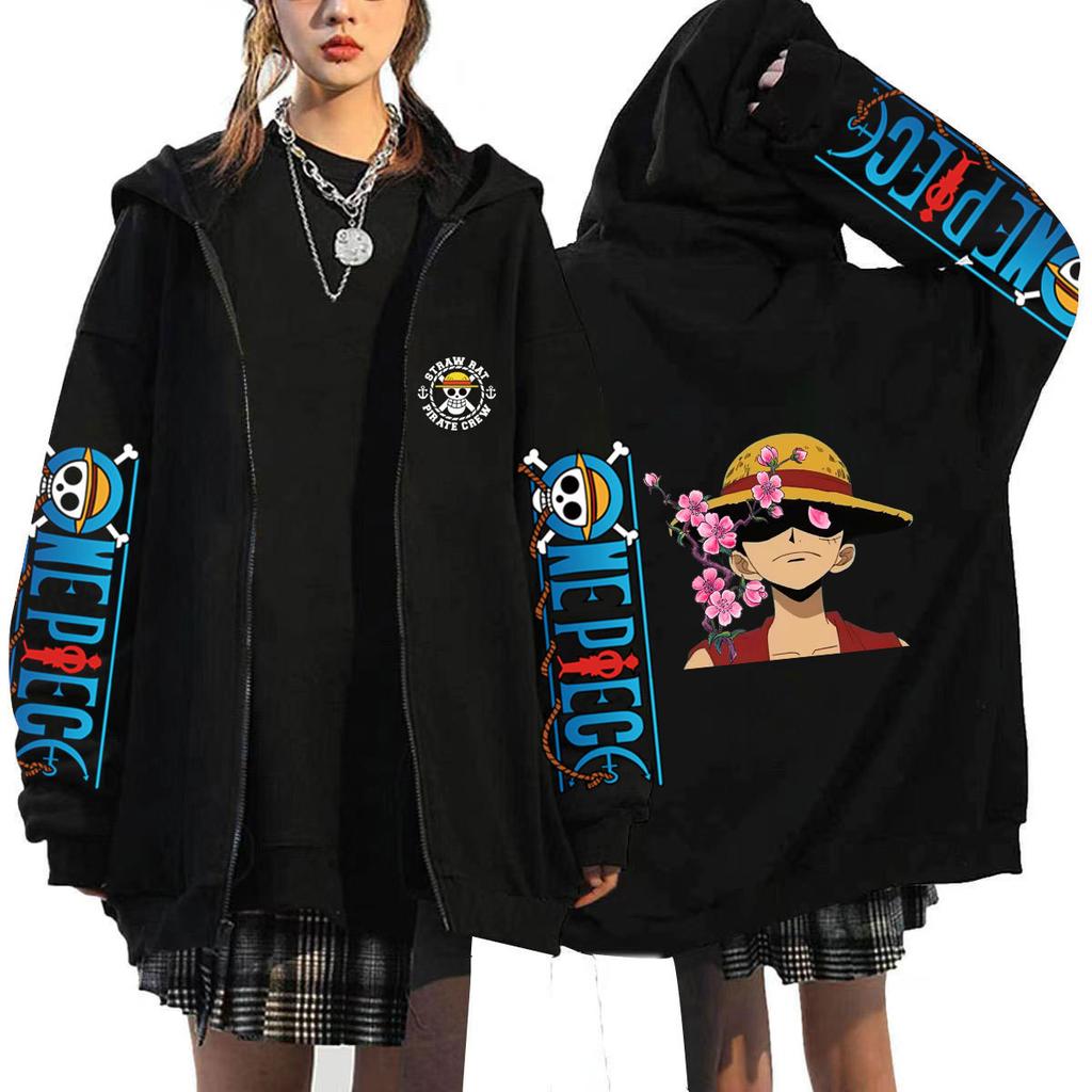 One Piece Luffy Sakura Aesthetic Zip Hoodie Straw Hat Crew Logo with One Piece Sleeves Back Luffy with Cherry Blossom Branch Oversized Anime Zip-Up