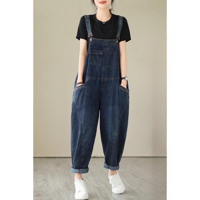 Women s Crew Neck Sleeveless Denim Overalls Loose High Waist Casual Jumpsuit M темно-синий