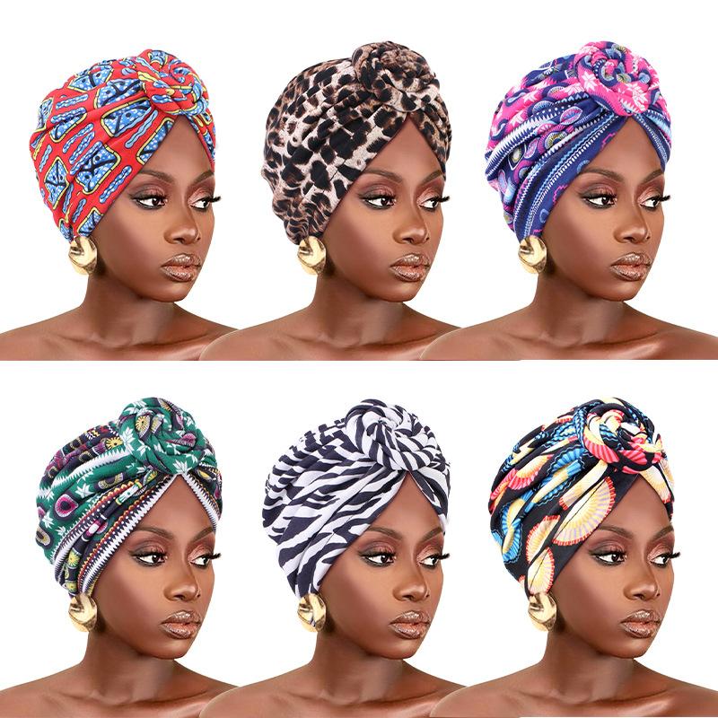 New African Print Pleated Turban Floral Beanie Knot Flower India Head Wrap Elegant Women Chemo Cap Bandana Headwear Head Cover