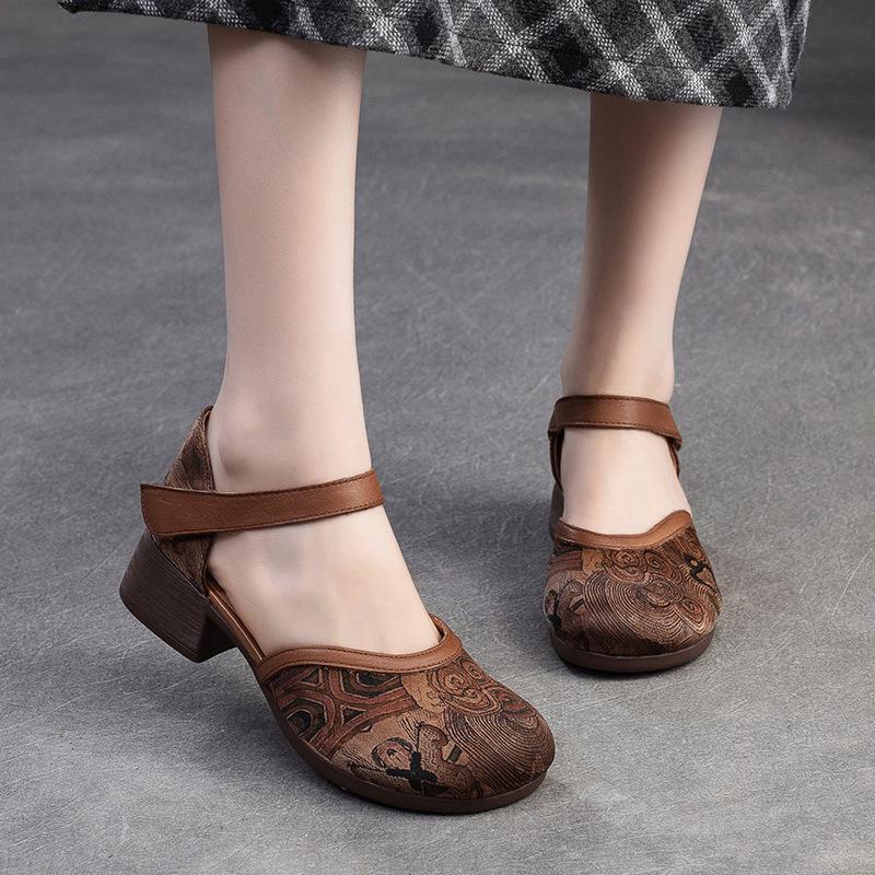 Fashion GKTINOO 2024 New Women Sandals Summer Genuine Leather Print Thick Heels Sandals Retro Style Round Toe Casual High Heel Shoes